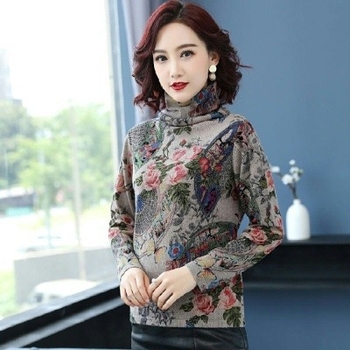 Majica s cvjetnim printom, fleece podlogom, malim rol kragnom, dugih rukava, oversize