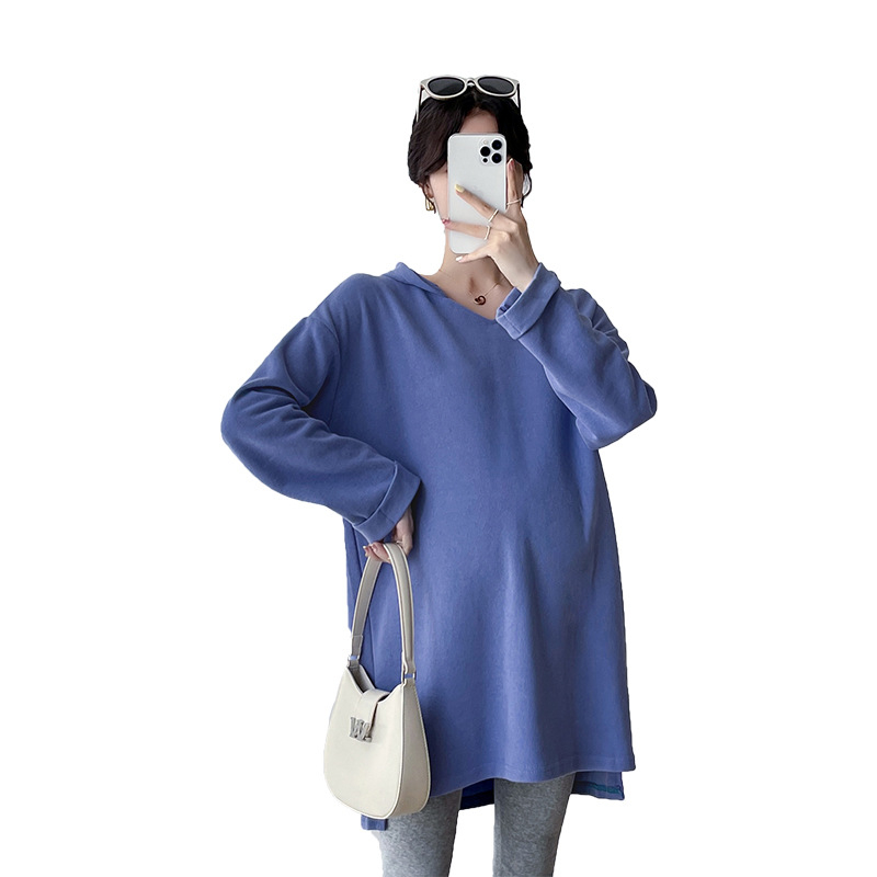 Nėščiųjų kapuciuota megztinė su gobtuvu, vidutinio ilgio, dryžių raštas, polo apykaklė, 95% medvilnė