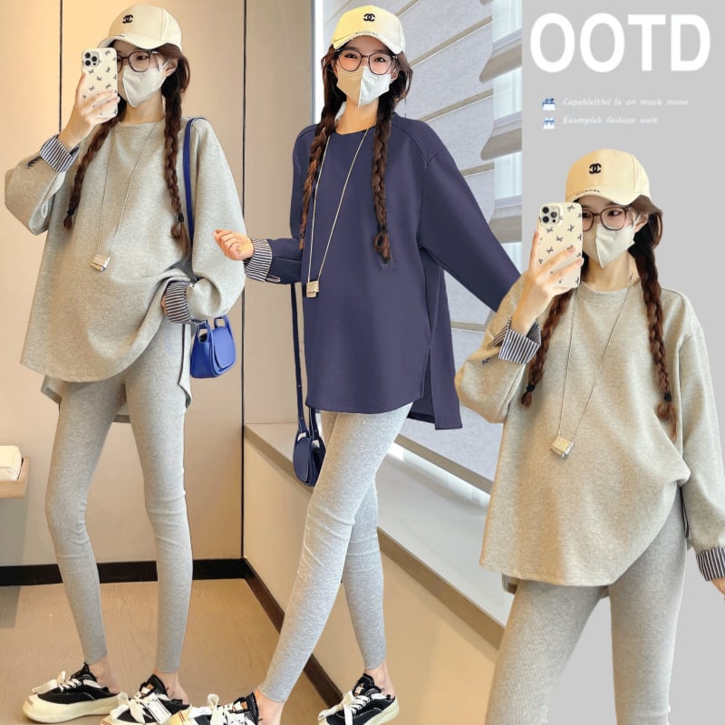 Nėščiosios palaidinė – apvalus kaklas, ilgomis rankovėmis, laisvas kirpimas; medvilnės mišinys (30–50% medvilnė, 30–50% kiti); japonų-korejiečių laisvalaikio stilius, ruduo 2025