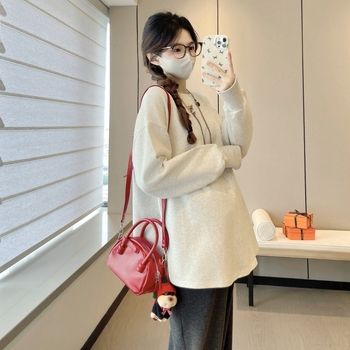 Top de maternitate lejer, mâneci lungi și guler rotund, țesătură din amestec de bumbac 30–50%, toamnă 2025, stil casual japonez-coreean