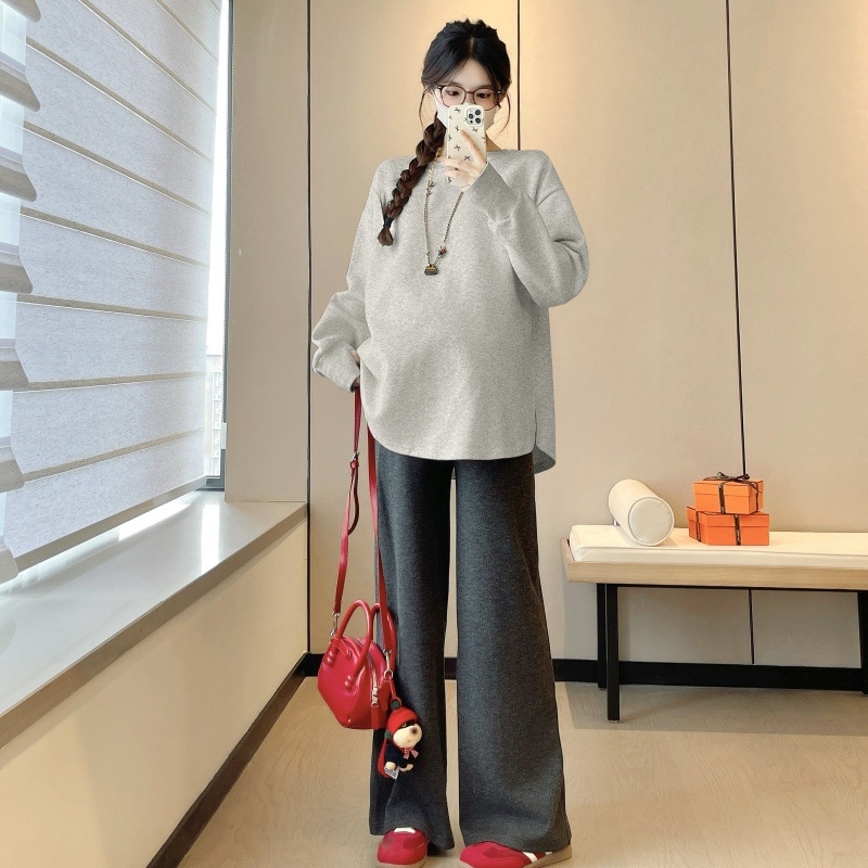 Top de maternitate lejer, mâneci lungi și guler rotund, țesătură din amestec de bumbac 30–50%, toamnă 2025, stil casual japonez-coreean