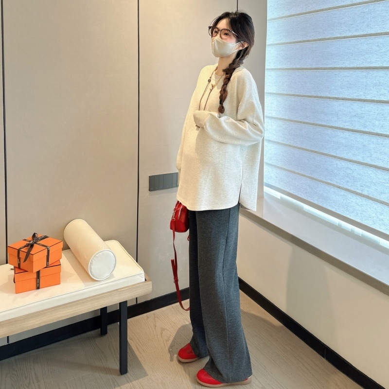 Top de maternitate lejer, mâneci lungi și guler rotund, țesătură din amestec de bumbac 30–50%, toamnă 2025, stil casual japonez-coreean