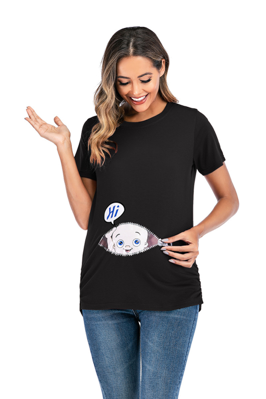 Nėštųjų marškinėliai su karikatūrų raštu, apvalus kaklas, trumpomis rankovėmis, 80% medvilnė, 2023 m. vasara, japonų ir korėjiečių laisvalaikio stilius