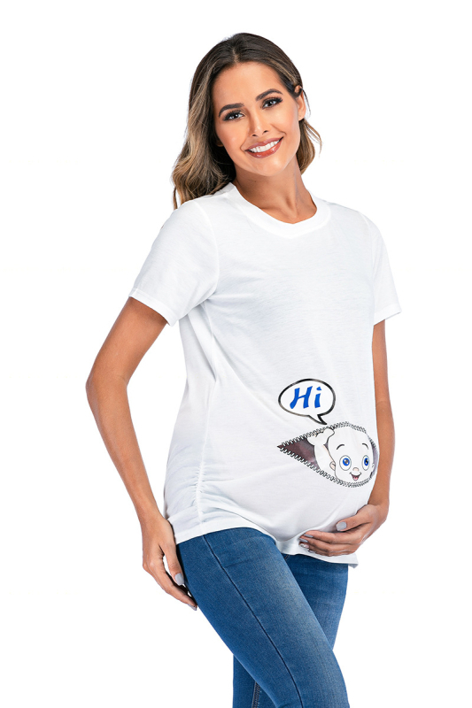 Nėštųjų marškinėliai su karikatūrų raštu, apvalus kaklas, trumpomis rankovėmis, 80% medvilnė, 2023 m. vasara, japonų ir korėjiečių laisvalaikio stilius