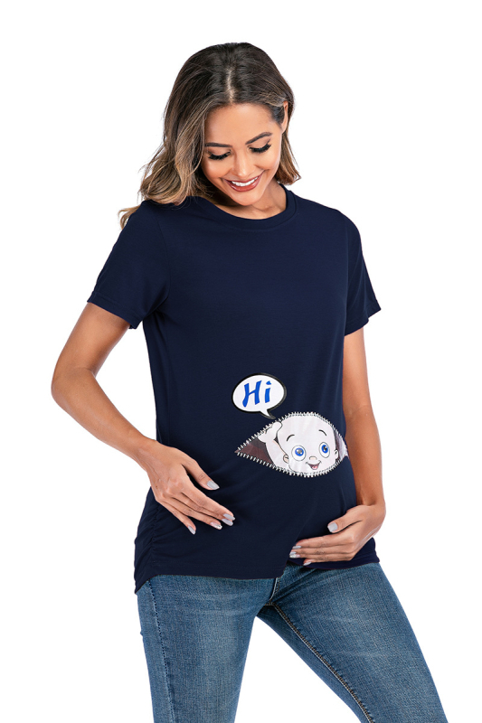 Nėštųjų marškinėliai su karikatūrų raštu, apvalus kaklas, trumpomis rankovėmis, 80% medvilnė, 2023 m. vasara, japonų ir korėjiečių laisvalaikio stilius