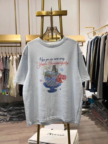 T-shirt s printsom medvjeda u korejskom stilu, okrugli izrez, kratki rukavi, pamuk-poliester smjesa, opušteni kroj, ljeto 2025