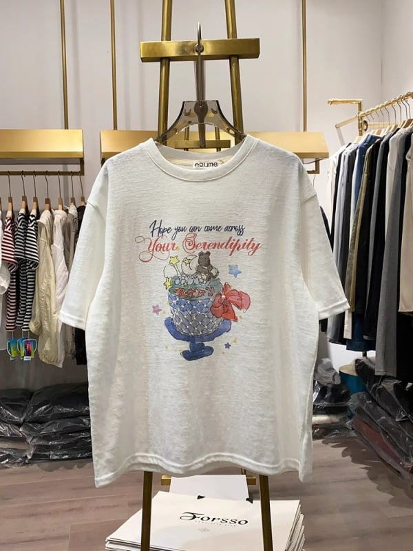 T-shirt s printsom medvjeda u korejskom stilu, okrugli izrez, kratki rukavi, pamuk-poliester smjesa, opušteni kroj, ljeto 2025