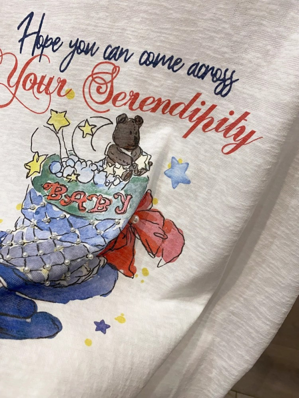 T-shirt s printsom medvjeda u korejskom stilu, okrugli izrez, kratki rukavi, pamuk-poliester smjesa, opušteni kroj, ljeto 2025