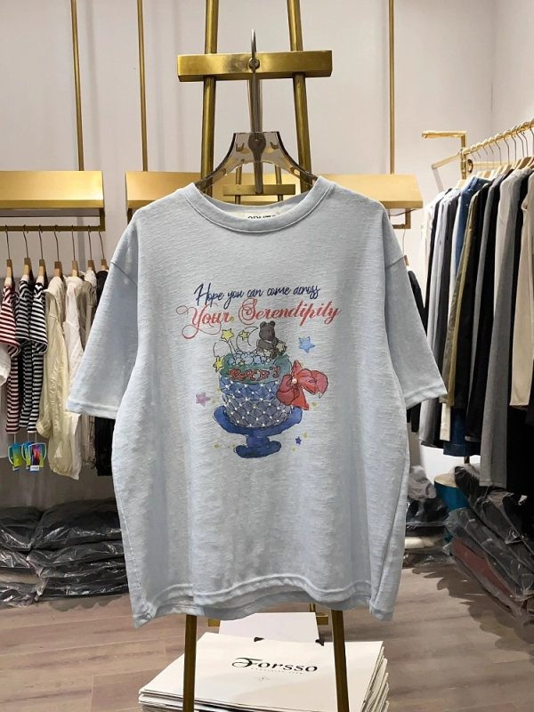 T-shirt s printsom medvjeda u korejskom stilu, okrugli izrez, kratki rukavi, pamuk-poliester smjesa, opušteni kroj, ljeto 2025