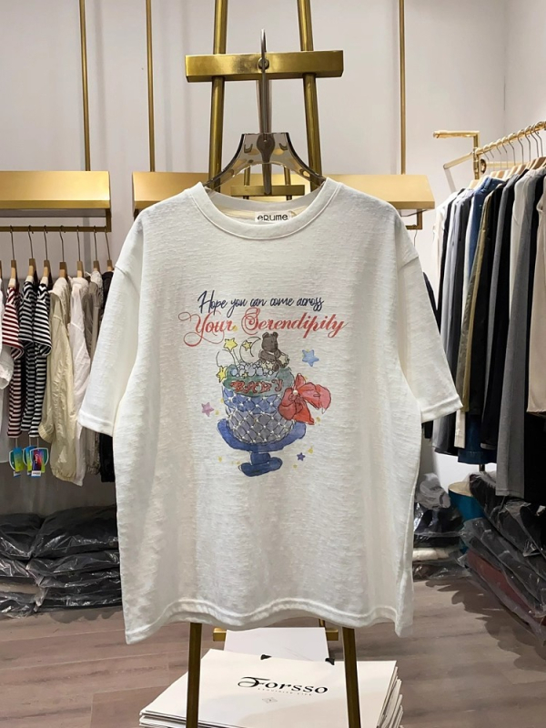 T-shirt s printsom medvjeda u korejskom stilu, okrugli izrez, kratki rukavi, pamuk-poliester smjesa, opušteni kroj, ljeto 2025