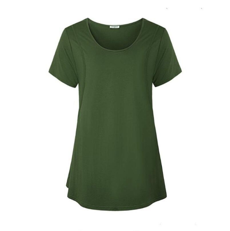 Žindymo topas su apvaliu kaklu, trumpomis rankovėmis, vidutinio ilgio 65–80 cm, modalinis audinys su organine medvilne, maitinančiam įdūrimu