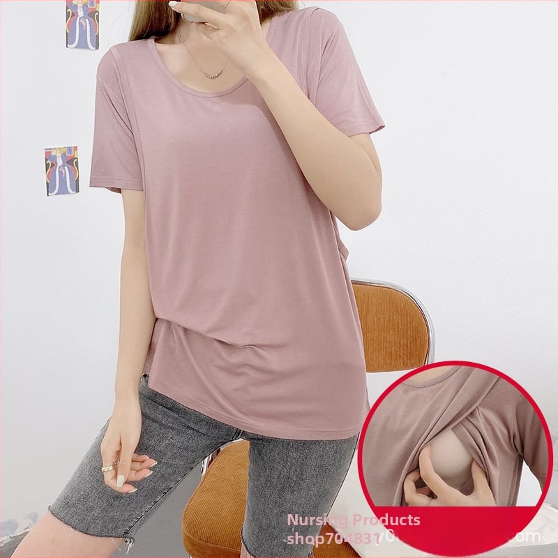 Žindymo topas su apvaliu kaklu, trumpomis rankovėmis, vidutinio ilgio 65–80 cm, modalinis audinys su organine medvilne, maitinančiam įdūrimu