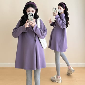 Nėščiųjų marškinėliai rudens 2025, laisvas kirpimas, medvilnės-poliesterio audinys, ilgos rankovės, aukštas kaklas