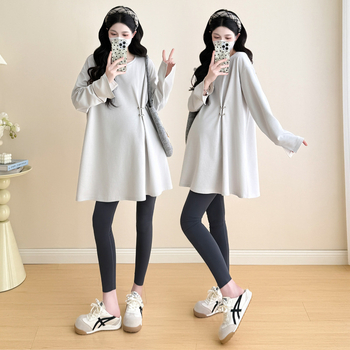 Nėščiųjų marškinėliai rudens 2025, laisvas kirpimas, medvilnės-poliesterio audinys, ilgos rankovės, aukštas kaklas