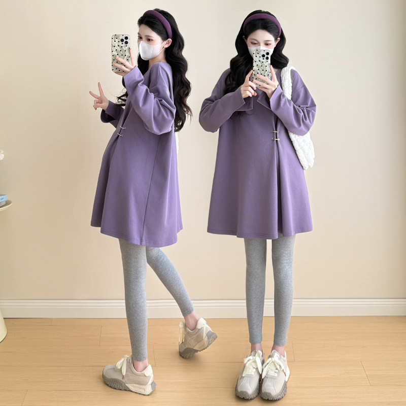 Nėščiųjų marškinėliai rudens 2025, laisvas kirpimas, medvilnės-poliesterio audinys, ilgos rankovės, aukštas kaklas