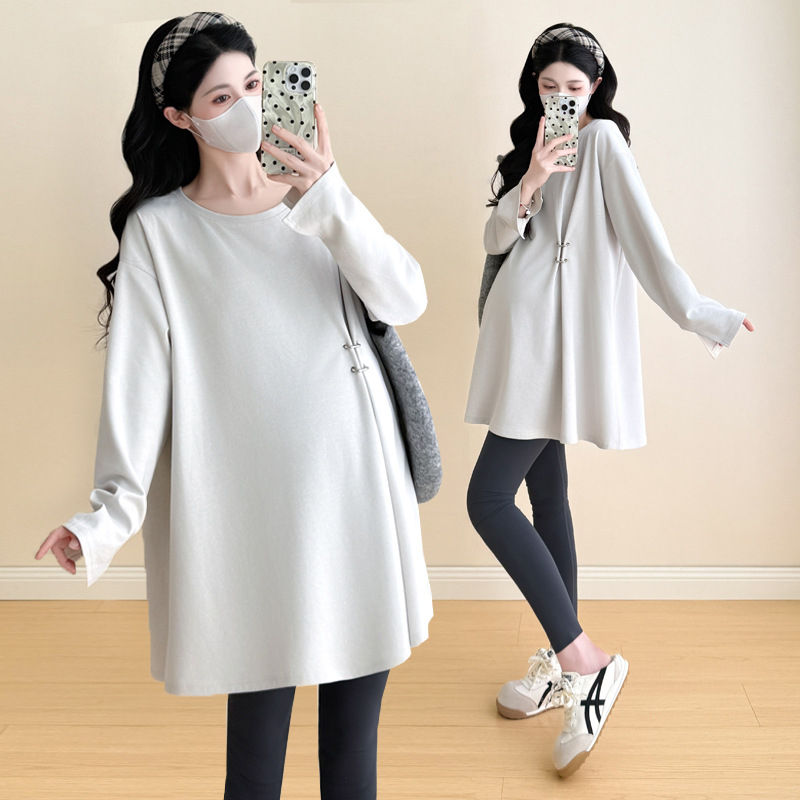 Nėščiųjų marškinėliai rudens 2025, laisvas kirpimas, medvilnės-poliesterio audinys, ilgos rankovės, aukštas kaklas