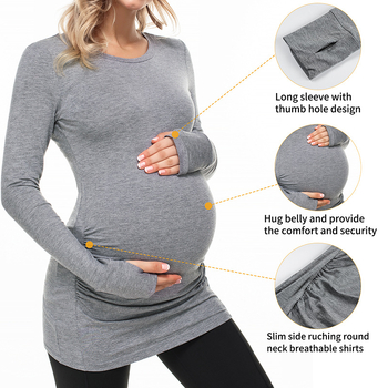 Top maternitate cu mâneci lungi, croi slim, guler rotund, culoare solidă, amestec bumbac-elastan, lungime medie