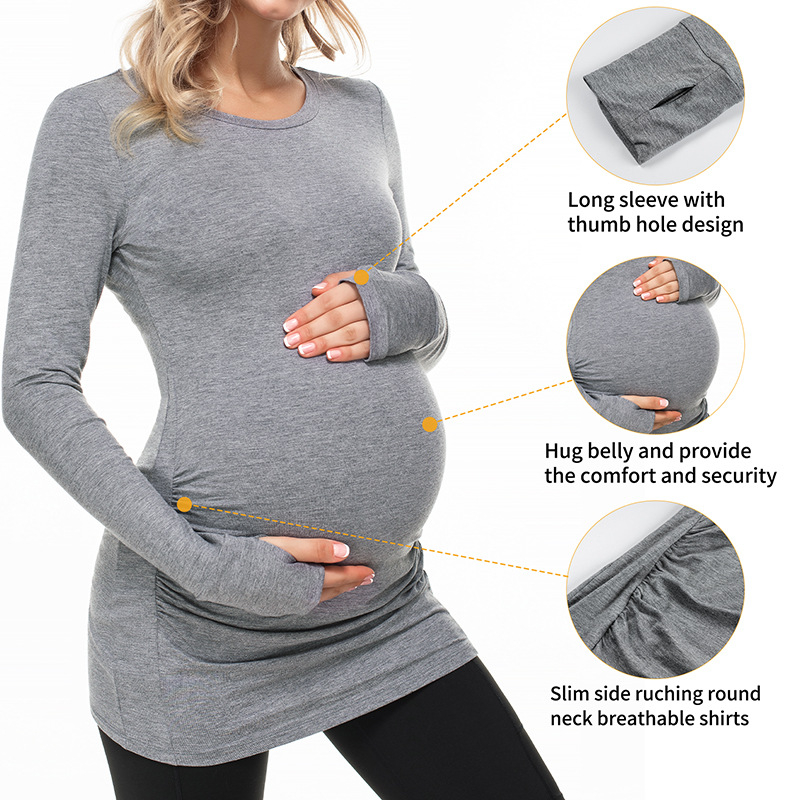 Top maternitate cu mâneci lungi, croi slim, guler rotund, culoare solidă, amestec bumbac-elastan, lungime medie