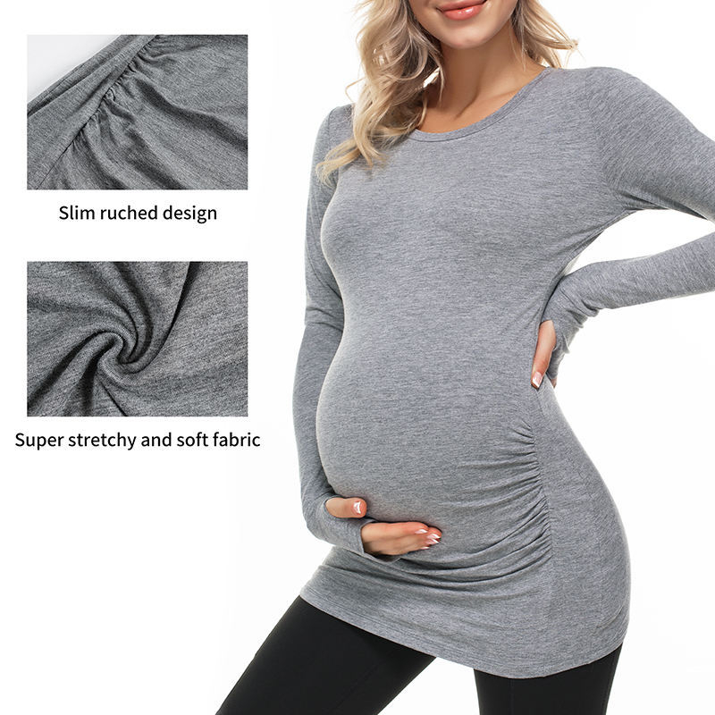 Top maternitate cu mâneci lungi, croi slim, guler rotund, culoare solidă, amestec bumbac-elastan, lungime medie