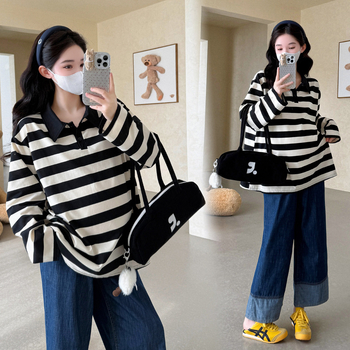 Nėščiųjų ilgų rankovių topas su apykakle su reveru, dryžuotas modelis, medvilnės audinys, 2025 m. ruduo, kinų įkvėptas literatūrinis retro stilius