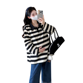 Nėščiųjų ilgų rankovių topas su apykakle su reveru, dryžuotas modelis, medvilnės audinys, 2025 m. ruduo, kinų įkvėptas literatūrinis retro stilius