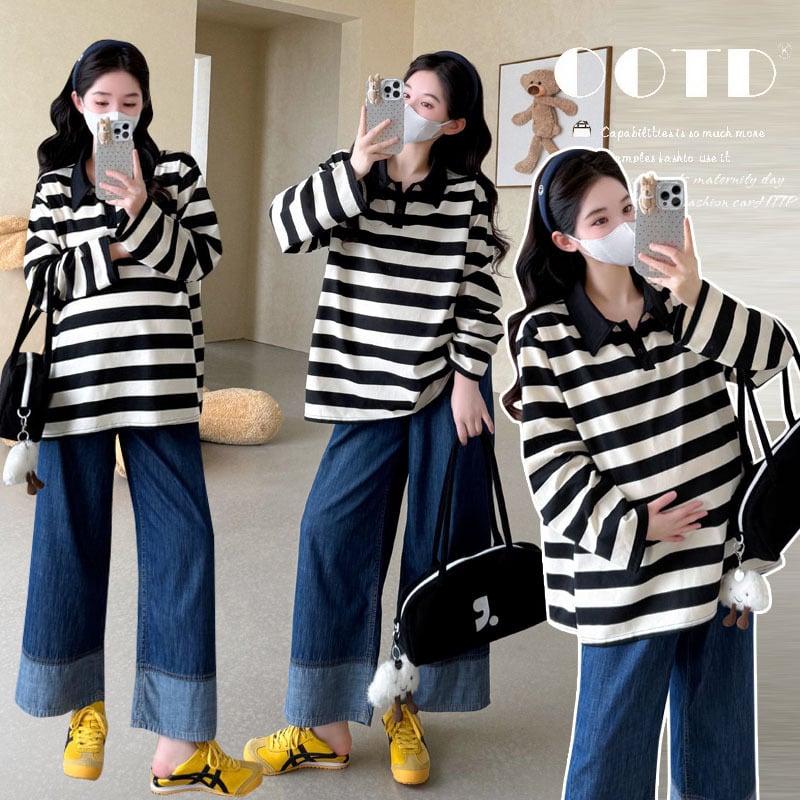 Nėščiųjų ilgų rankovių topas su apykakle su reveru, dryžuotas modelis, medvilnės audinys, 2025 m. ruduo, kinų įkvėptas literatūrinis retro stilius