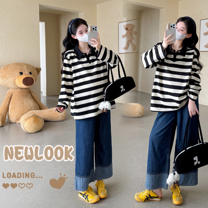 Nėščiųjų ilgų rankovių topas su apykakle su reveru, dryžuotas modelis, medvilnės audinys, 2025 m. ruduo, kinų įkvėptas literatūrinis retro stilius