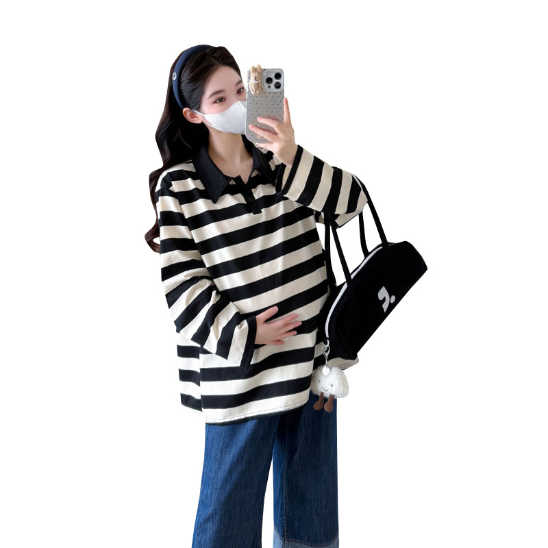 Nėščiųjų ilgų rankovių topas su apykakle su reveru, dryžuotas modelis, medvilnės audinys, 2025 m. ruduo, kinų įkvėptas literatūrinis retro stilius