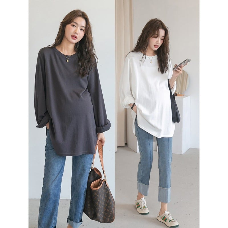 Nėštystės palaidinė pavasariui su ilgomis rankovėmis, apvaliu kaklu, 70–80% medvilnės, gaivus ir saldus stilius