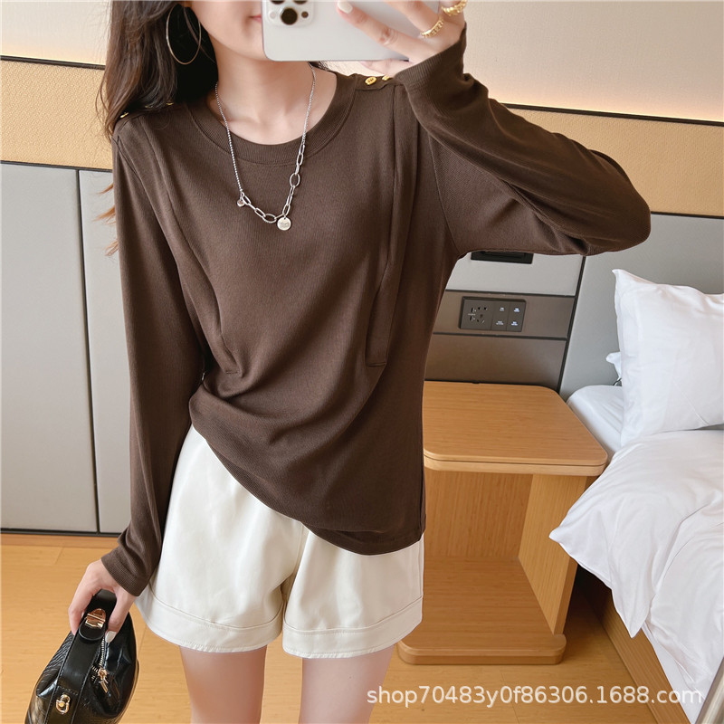 Tricou maternitate de bază pentru primăvară-toamnă, mâneci lungi, guler rotund, deschideri pentru alăptare (stânga și dreapta), croială slim, lungime 50–65 cm