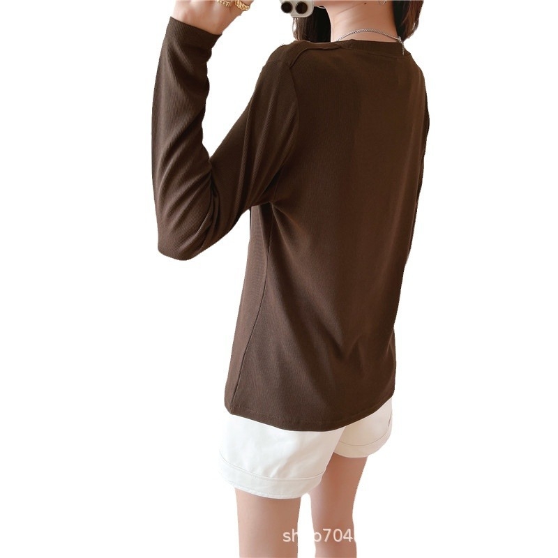 Tricou maternitate de bază pentru primăvară-toamnă, mâneci lungi, guler rotund, deschideri pentru alăptare (stânga și dreapta), croială slim, lungime 50–65 cm