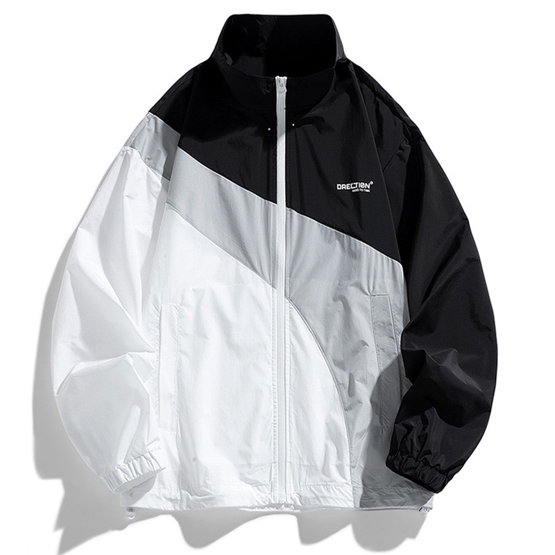 Kapucnis széldzseki UV-védelem, vékony anyagú, laza szabás, színblokkal díszített dizájn, poliészter