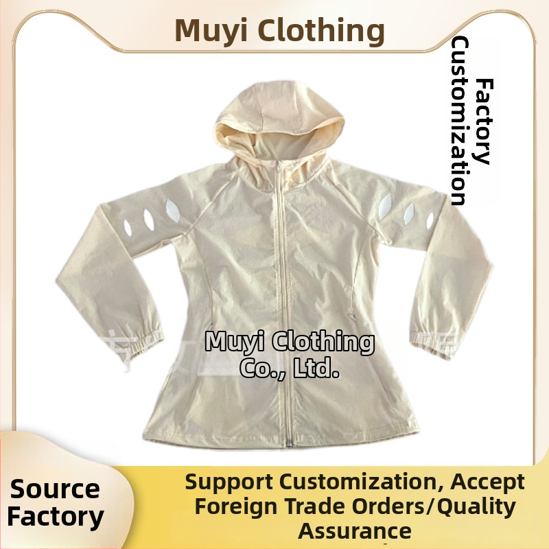 Egyedi gyártású UPF50+ napvédő ruházat, kapucnival, Ice Silk légáteresztő anyagból, cipzárral, oldalzsebekkel, nyári sportos öltözet