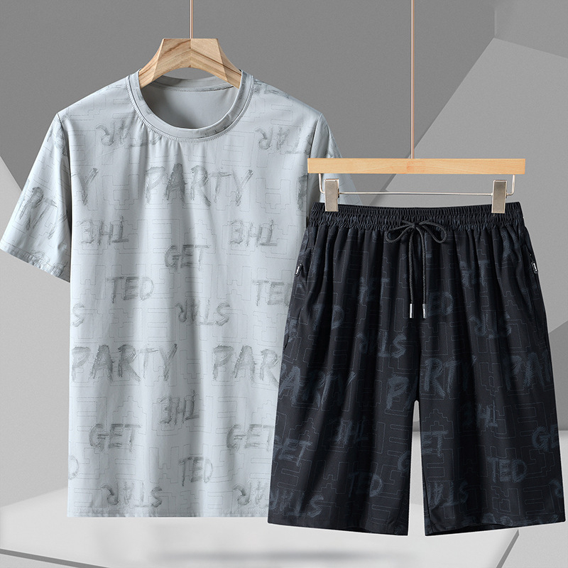 Ανδρικό σετ Quick-Dry από νάιλον Ice Silk, κοντομάνικο T‑Shirt, παντελόνι 3/4, Άνοιξη 2023