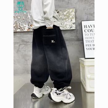 Berniukų treninginės kelnytės Fengju su fliso pamušalu, aukštas juosmuo, tiesus kirpimas, gradientinis Z raidės dizainas, medvilnės pamušalas, žiemai