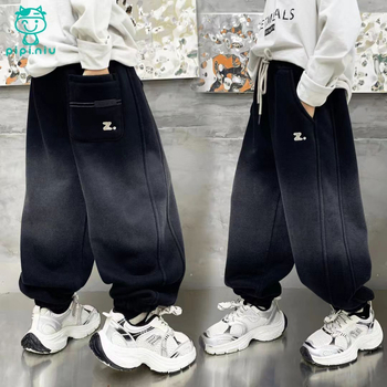 Berniukų treninginės kelnytės Fengju su fliso pamušalu, aukštas juosmuo, tiesus kirpimas, gradientinis Z raidės dizainas, medvilnės pamušalas, žiemai