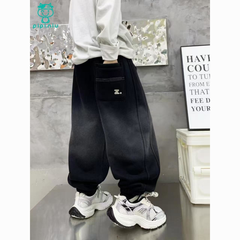 Berniukų treninginės kelnytės Fengju su fliso pamušalu, aukštas juosmuo, tiesus kirpimas, gradientinis Z raidės dizainas, medvilnės pamušalas, žiemai