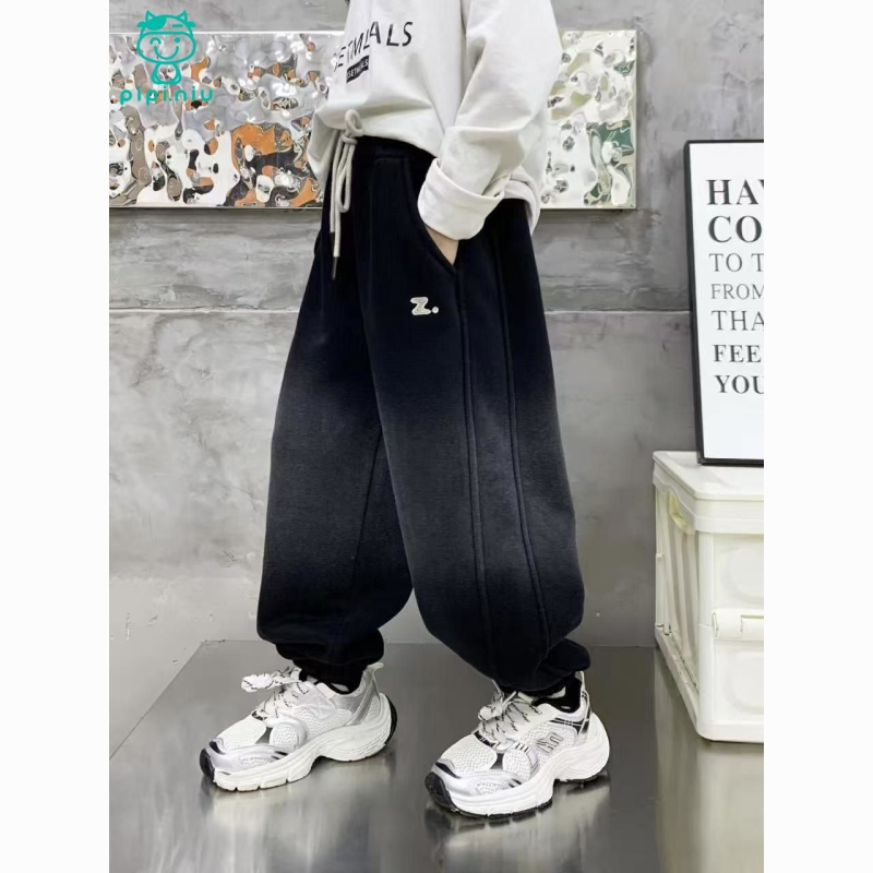 Berniukų treninginės kelnytės Fengju su fliso pamušalu, aukštas juosmuo, tiesus kirpimas, gradientinis Z raidės dizainas, medvilnės pamušalas, žiemai