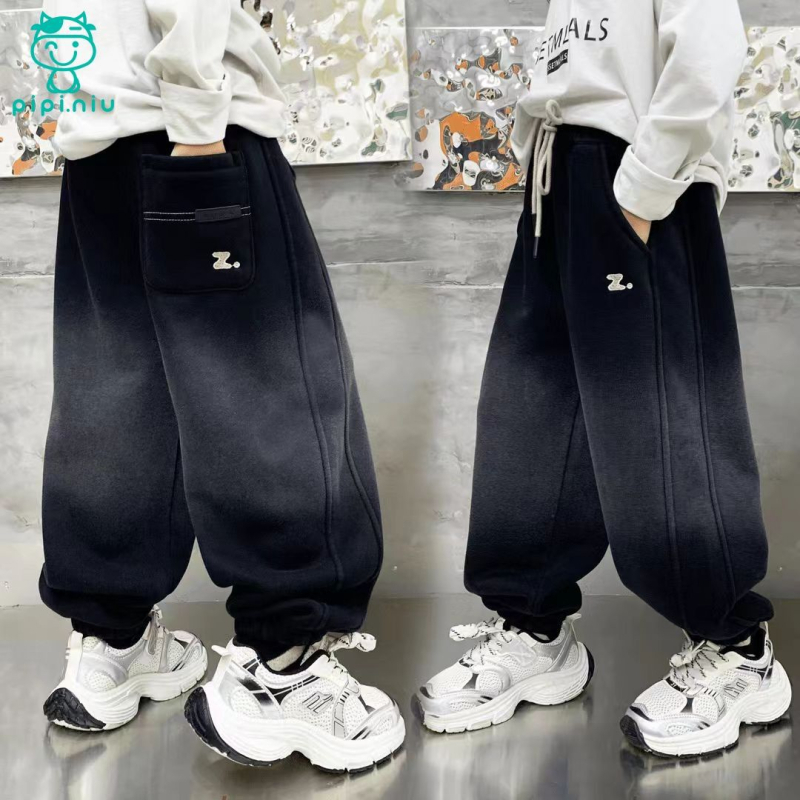 Berniukų treninginės kelnytės Fengju su fliso pamušalu, aukštas juosmuo, tiesus kirpimas, gradientinis Z raidės dizainas, medvilnės pamušalas, žiemai