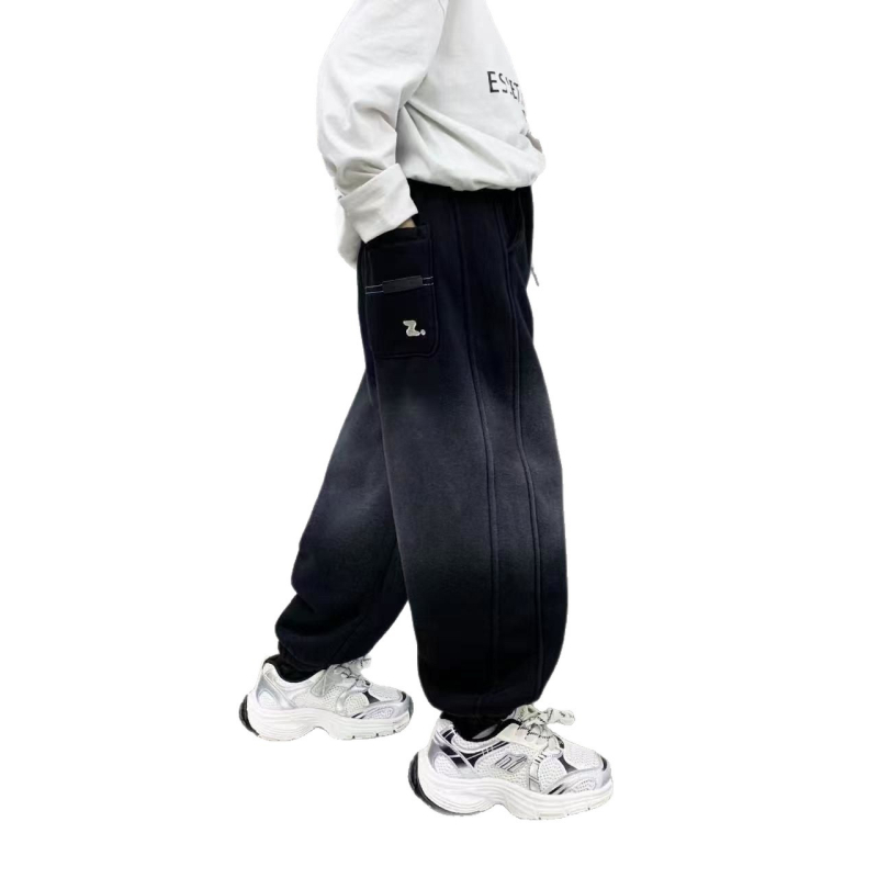 Berniukų treninginės kelnytės Fengju su fliso pamušalu, aukštas juosmuo, tiesus kirpimas, gradientinis Z raidės dizainas, medvilnės pamušalas, žiemai