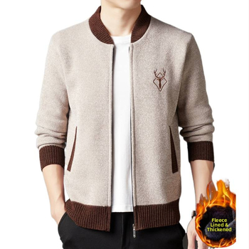 Vyrinė chenille kardiganė striukė su fleece pamušalu, stora mezgimo medžiaga, beisbolo apykaklė, šoninės kišenės