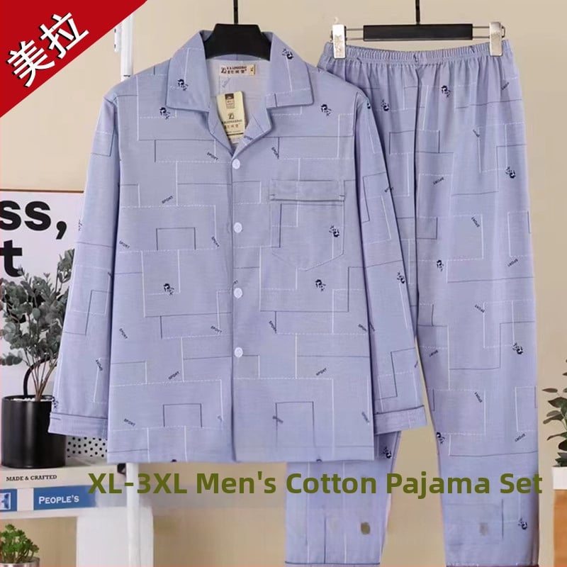 Αντρικό σετ πιτζάμες από πλεκτό βαμβάκι με V-λαιμό cardigan; μακριά μανίκια και παντελόνια; λεπτό ύφασμα 181–200 g/m2; για άνδρες μεσαίας ηλικίας