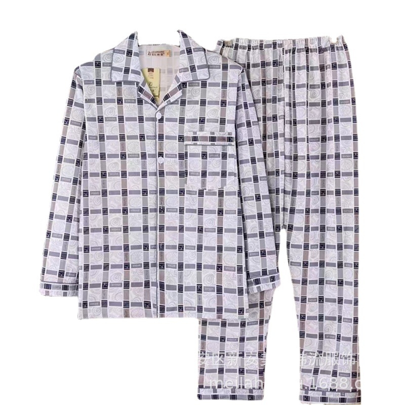 Αντρικό σετ πιτζάμες από πλεκτό βαμβάκι με V-λαιμό cardigan; μακριά μανίκια και παντελόνια; λεπτό ύφασμα 181–200 g/m2; για άνδρες μεσαίας ηλικίας