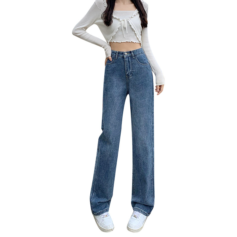 Ženske traperice visokim strukom i ravnim krojem, denim s 80-90% pamuka i do 30% elastana, jesenji stil