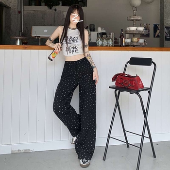 Džinsi platām kājām ar distressed apdari, augsta–vidējā josta, 80–90% kokvilna, <30% poliestera, japāņu-korejiešu ikdienas stils