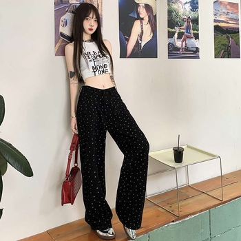 Džinsi platām kājām ar distressed apdari, augsta–vidējā josta, 80–90% kokvilna, <30% poliestera, japāņu-korejiešu ikdienas stils