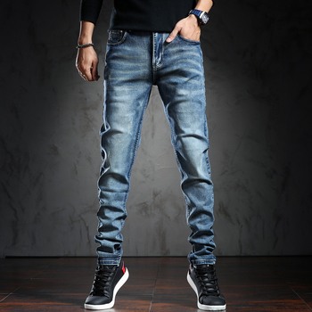 Jeansi bărbați cu croială dreaptă, talie medie, țesătură modală și spălare cu desen manual