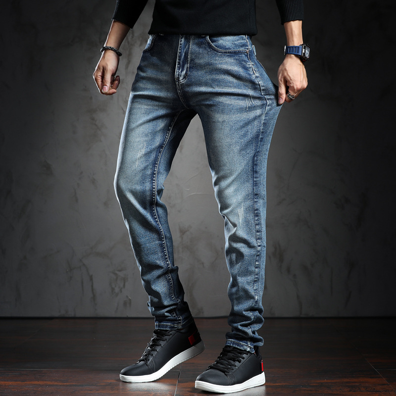 Jeansi bărbați cu croială dreaptă, talie medie, țesătură modală și spălare cu desen manual