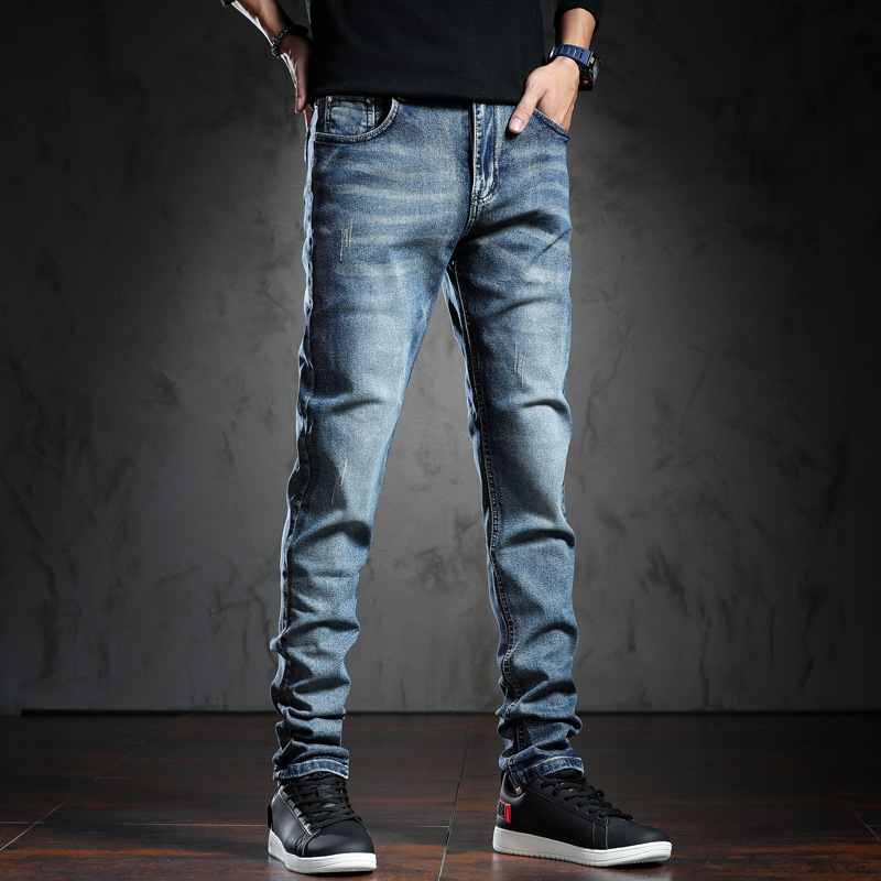 Jeansi bărbați cu croială dreaptă, talie medie, țesătură modală și spălare cu desen manual