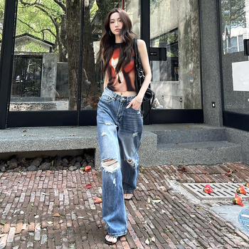 Sieviešu džinsi ar saplēstām detaļām, brīvs taisnais piegriezums, augsts viduklis, izmazgāts denims, kokvilnas un elastāna audums